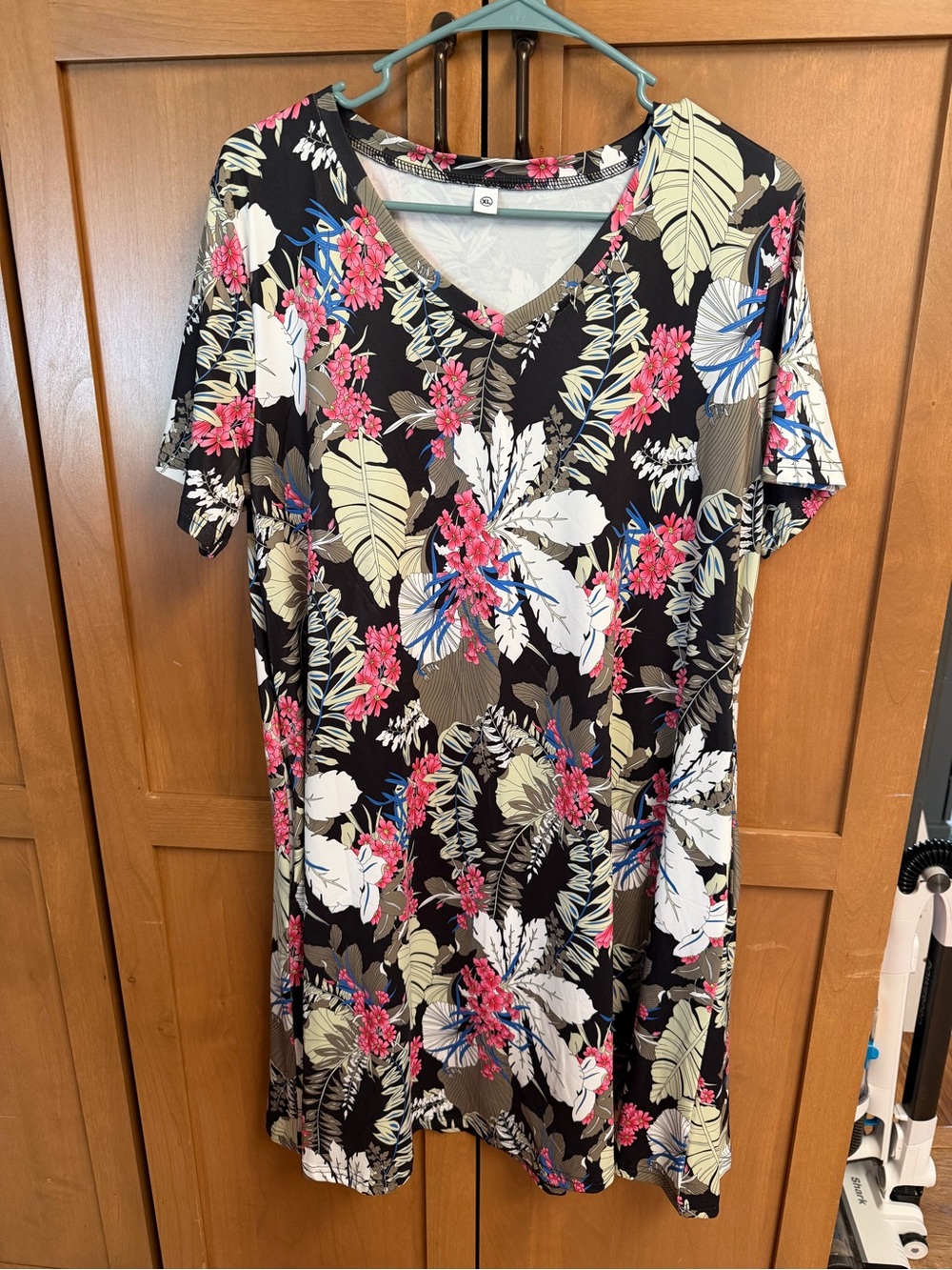SHEIN Black Floral V-Neck Swim Coverup with Pink and Blue Accents